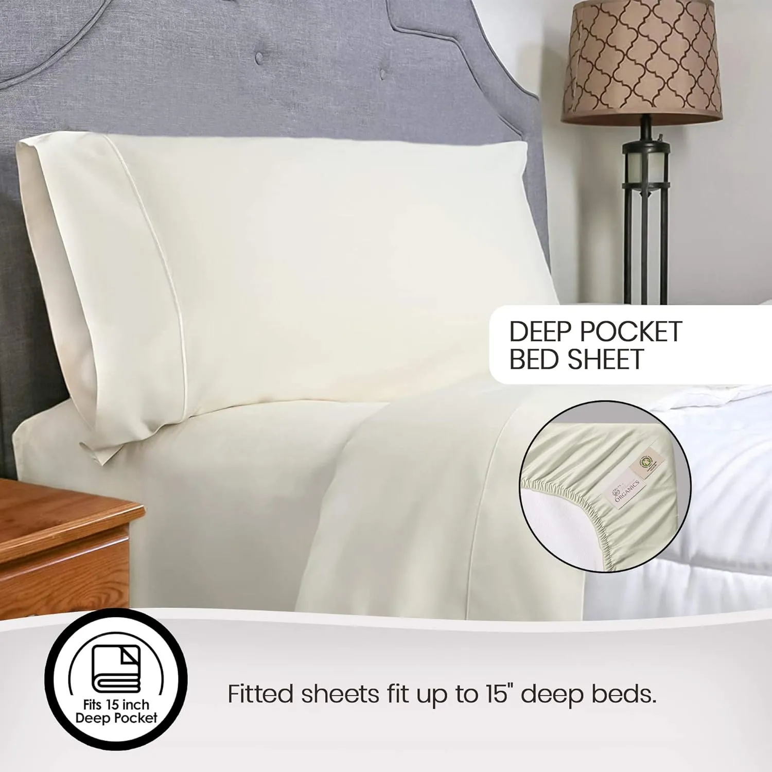 100% Organic Cotton Sheets Full Size - GOTS Certified Organic Bed Sheets with Deep Pocket 500 Thread Count and Cozy Sateen Weave Gets Softer with Each Wash - Luxury 4 Piece Set (Ivory, Full)