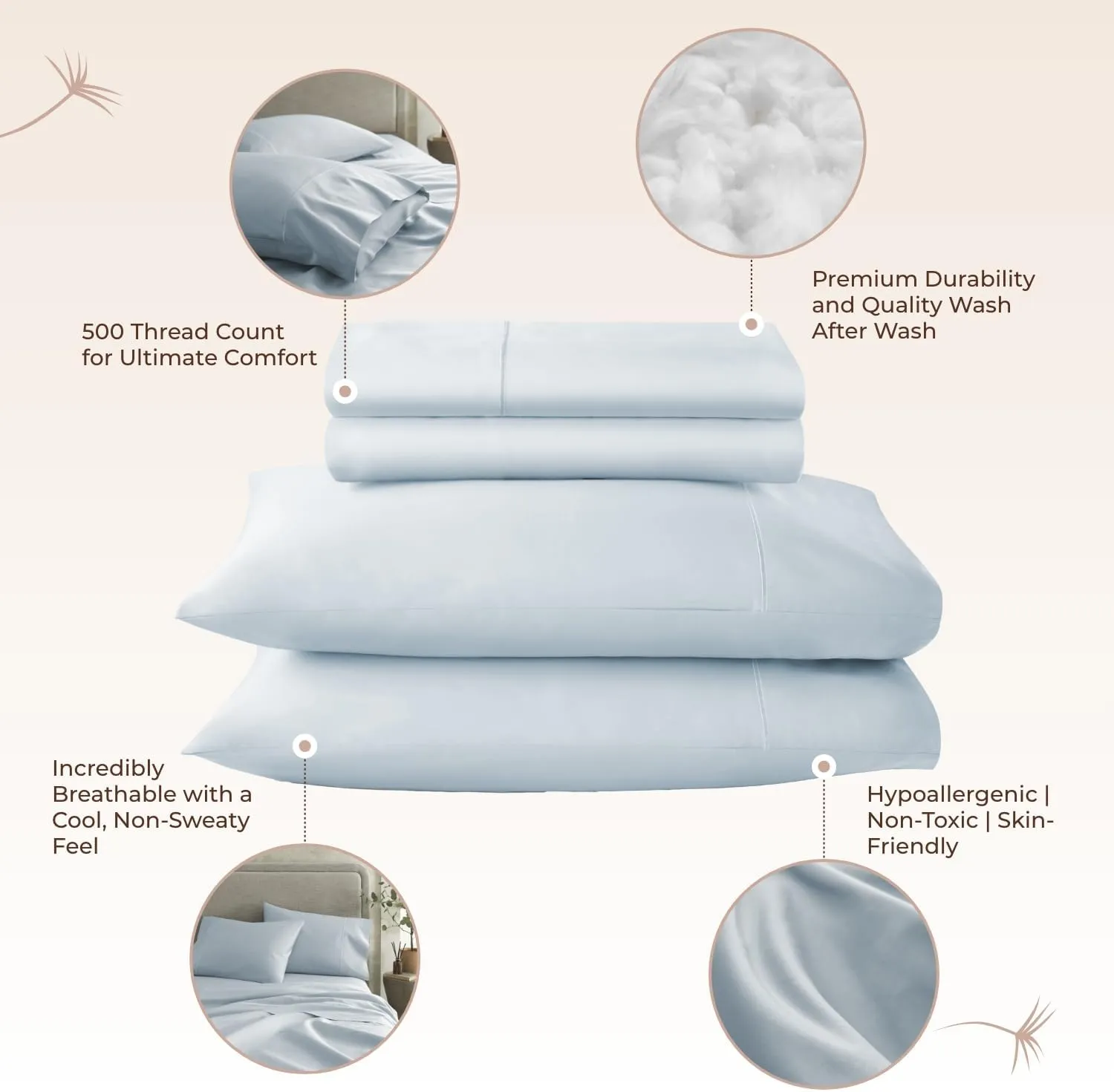 100% Organic Cotton Sheets Twin Size - GOTS Certified Organic Bed Sheets with Deep Pocket 500 Thread Count and Cozy Sateen Weave Gets Softer with Each Wash - Luxury 3 Piece Set (Powder, Twin)