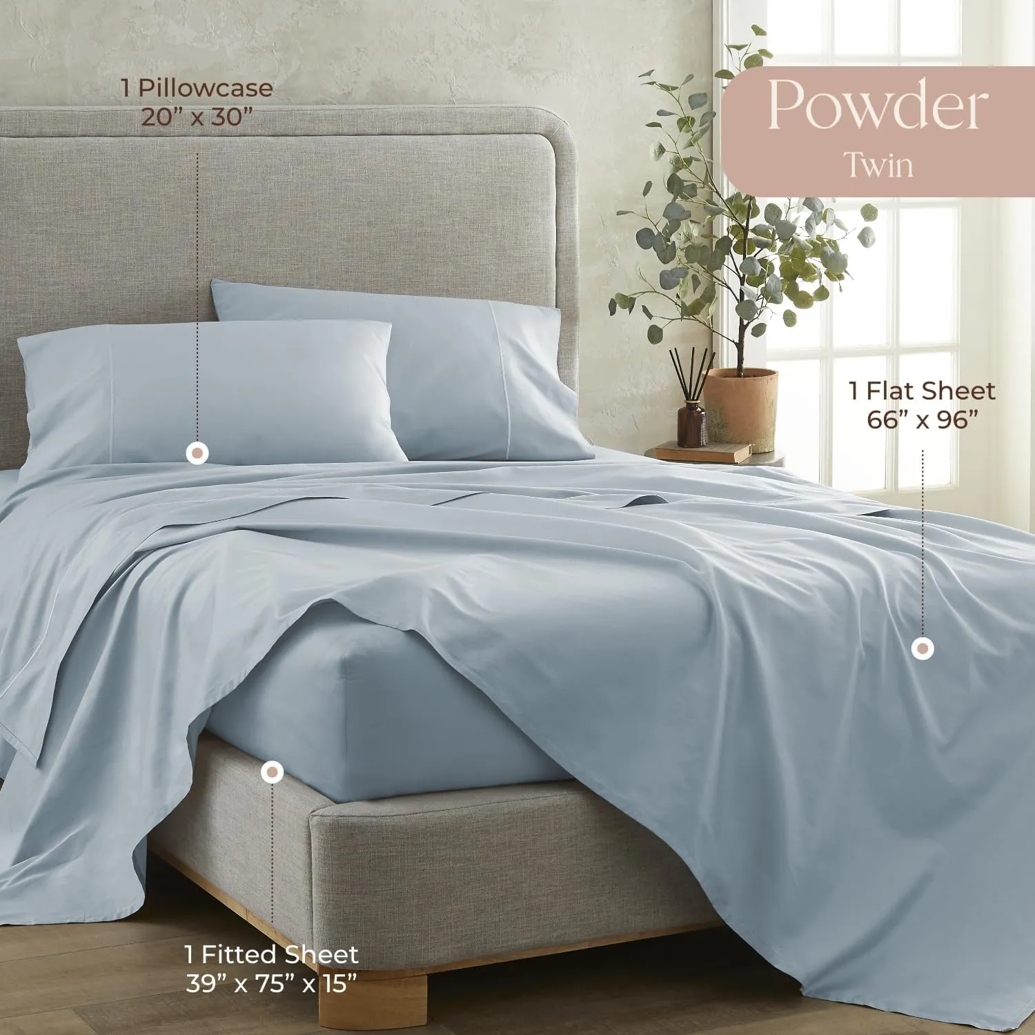 100% Organic Cotton Sheets Twin Size - GOTS Certified Organic Bed Sheets with Deep Pocket 500 Thread Count and Cozy Sateen Weave Gets Softer with Each Wash - Luxury 3 Piece Set (Powder, Twin)