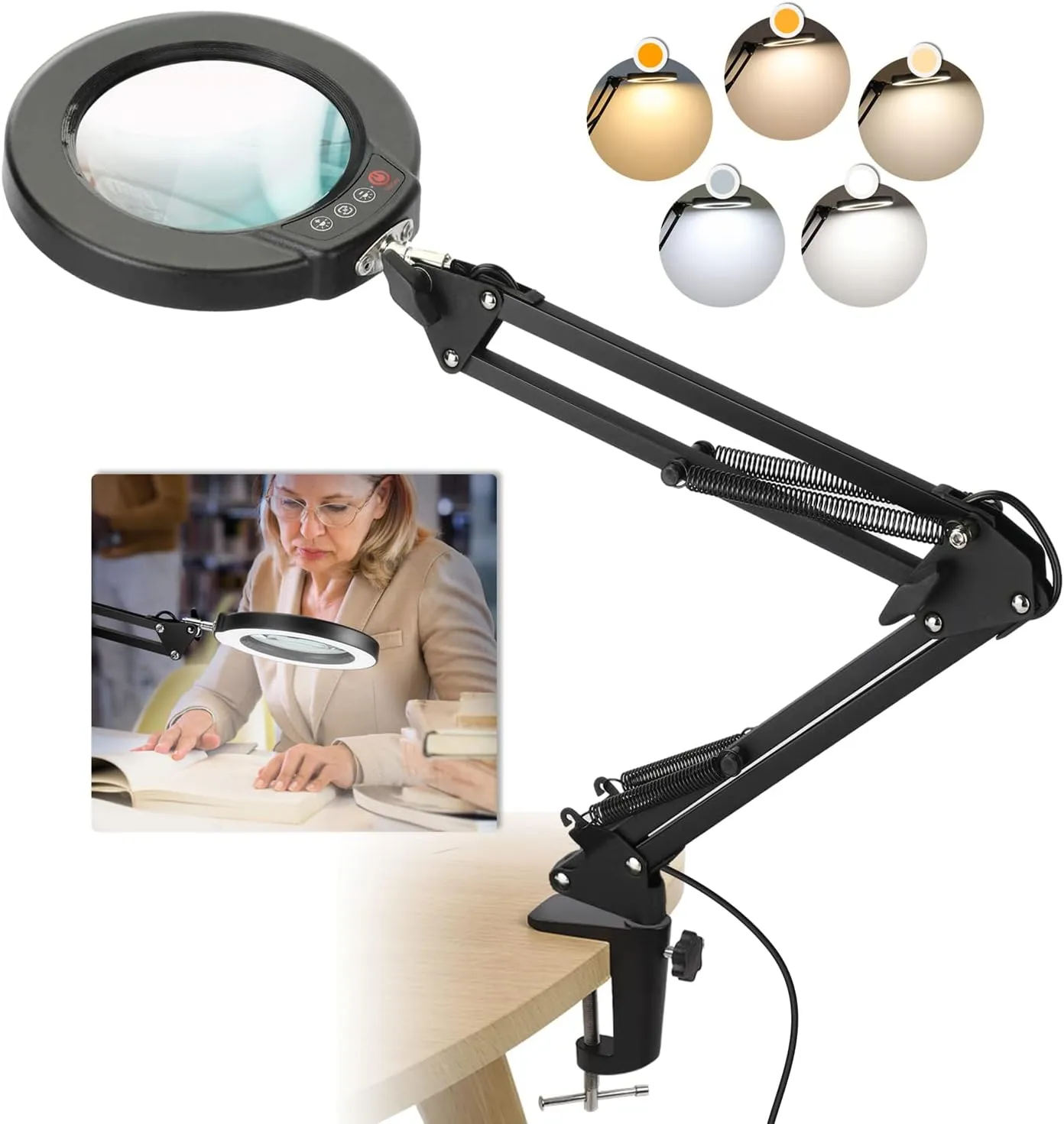 10X Magnifying Glass with Light and Clamp, Upgrade Button 5 Color Modes, Stepless Dimmable LED Lighted Desk Lamp, Hands Free Magnifier with Light and Stand for Craft Hobby Reading Close Work