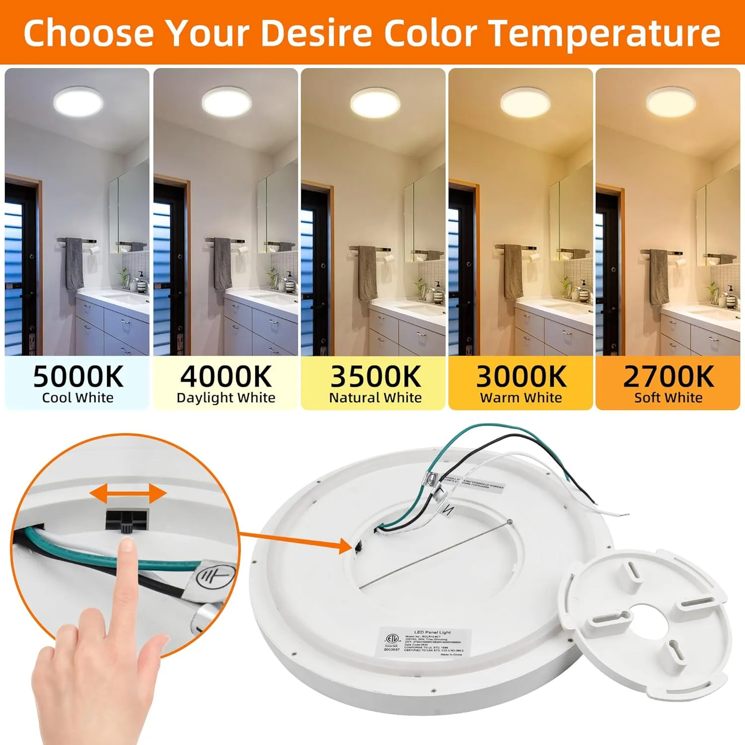 12 Inch Flush Mount LED Ceiling Light with Night Light, 24W, 2400lm, Selectable 3000K/4000K/5000K, Flat Lights for Bedroom, Kitchen, White (2Pack)