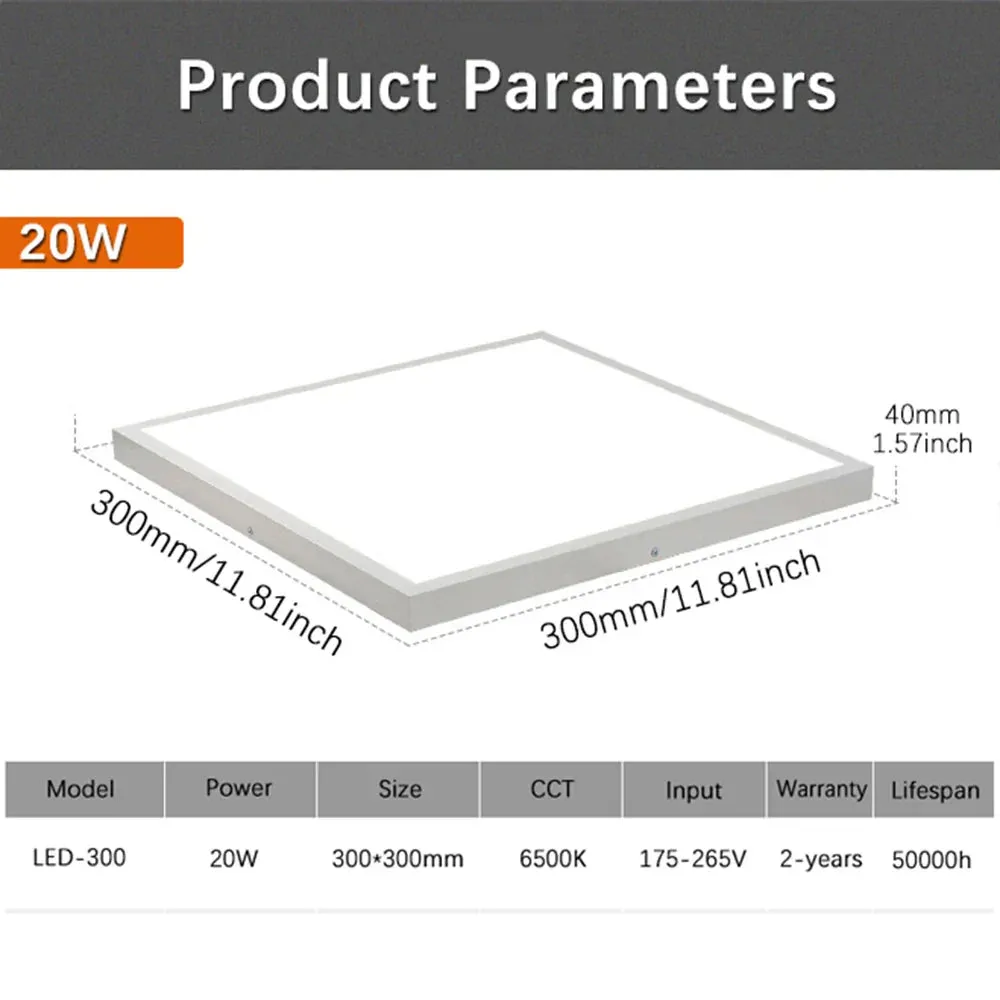 20W LED Flat Panel Light - Square Ceiling Lamp 300x300mm - Cold White Indoor Lighting AC175-265V