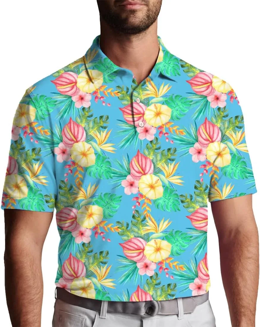 3D Printed Mens Golf Shirt Moisture Wicking Quick-Dry Performance Polo Shirts for Men
