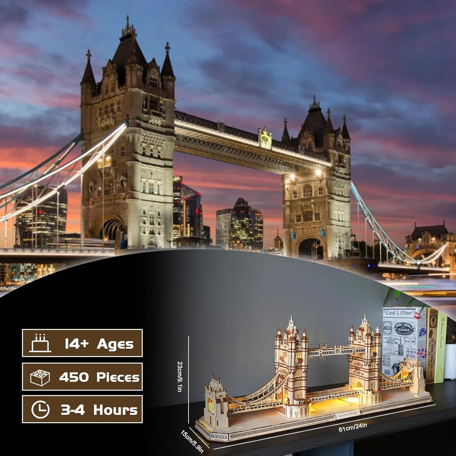 3D Wooden Puzzle for Adults, England Britain London Bridge Wood Architecture Model, DIY Mechanical Building Kit Craft Hobbies Toy, Birthday Festival Gift for Women Men, Home Decor, 450 PCS