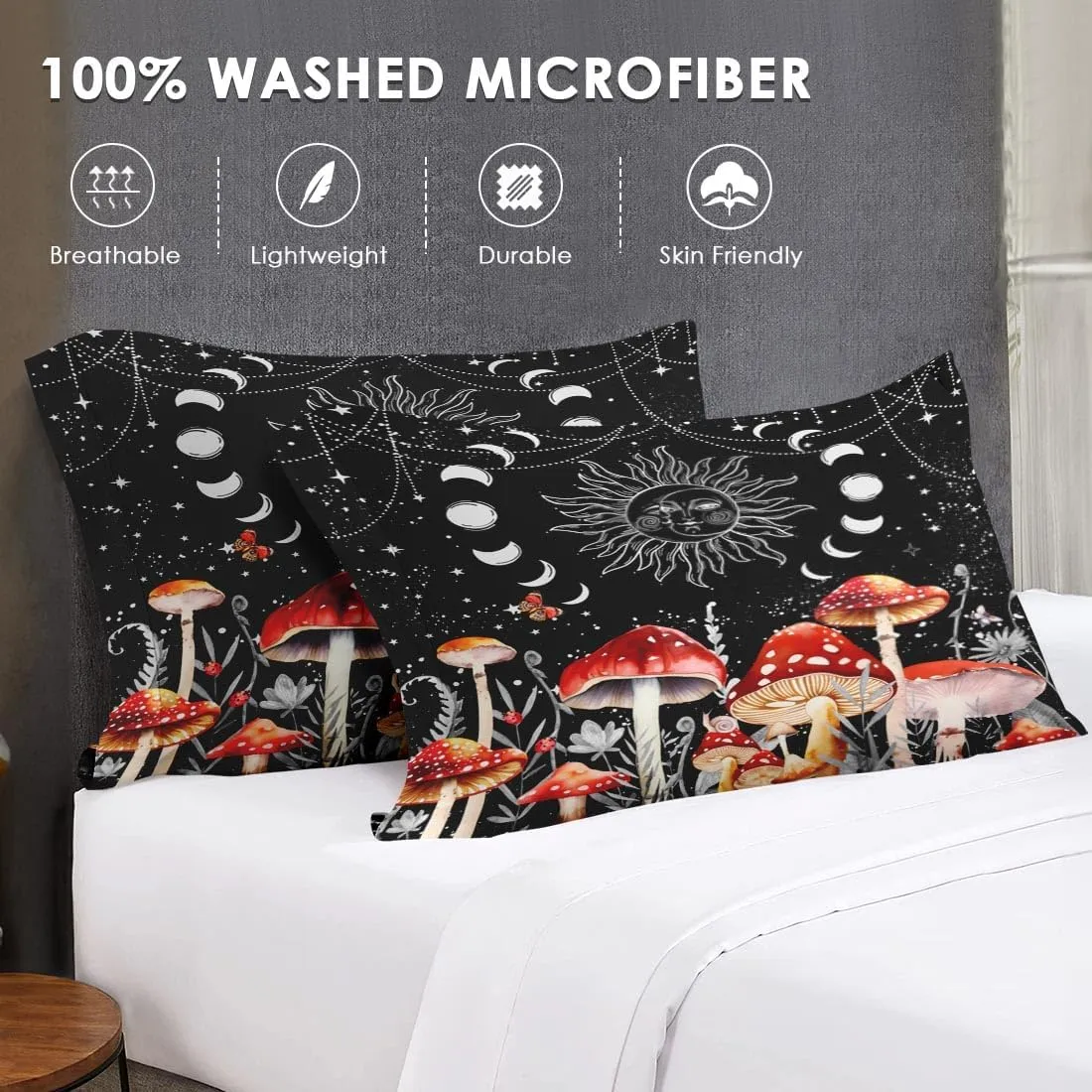5 Pcs Twin Size Comforter Set with Pillowcase & Sham, Sun Moon Boho Mushroom Bedding for Kids and Adults, Astrology Tarot Witch Bed in a Bag with Flat Fitted Sheet