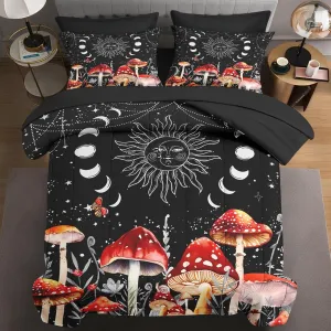 5 Pcs Twin Size Comforter Set with Pillowcase & Sham, Sun Moon Boho Mushroom Bedding for Kids and Adults, Astrology Tarot Witch Bed in a Bag with Flat Fitted Sheet