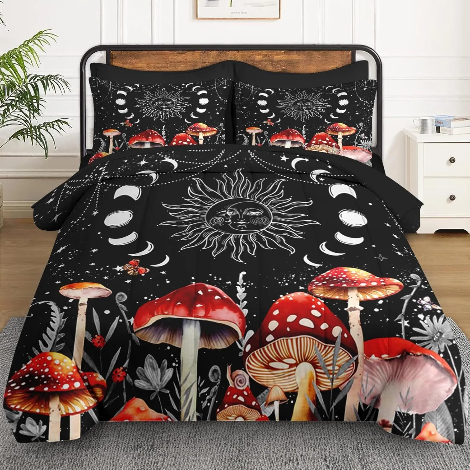5 Pcs Twin Size Comforter Set with Pillowcase & Sham, Sun Moon Boho Mushroom Bedding for Kids and Adults, Astrology Tarot Witch Bed in a Bag with Flat Fitted Sheet