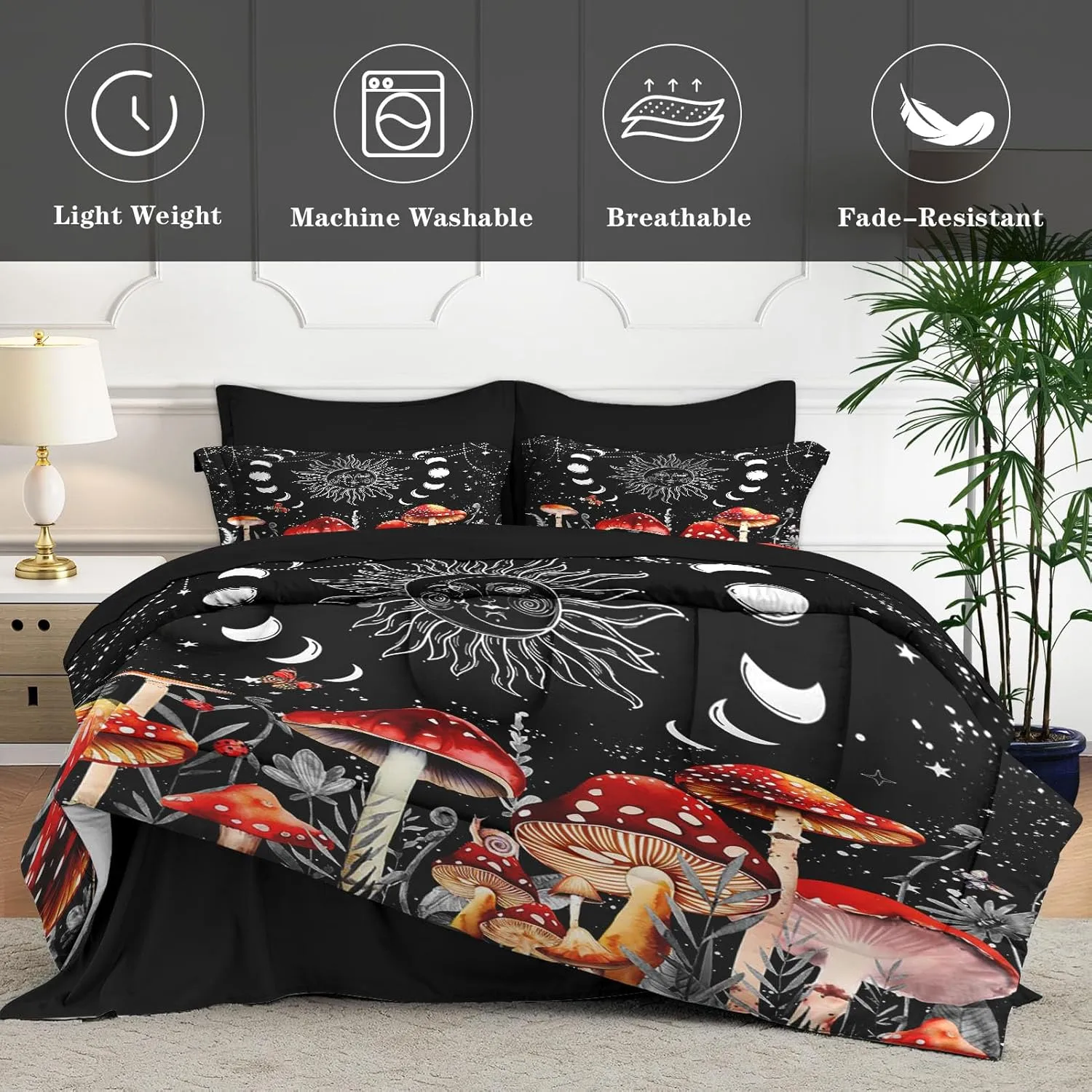 5 Pcs Twin Size Comforter Set with Pillowcase & Sham, Sun Moon Boho Mushroom Bedding for Kids and Adults, Astrology Tarot Witch Bed in a Bag with Flat Fitted Sheet