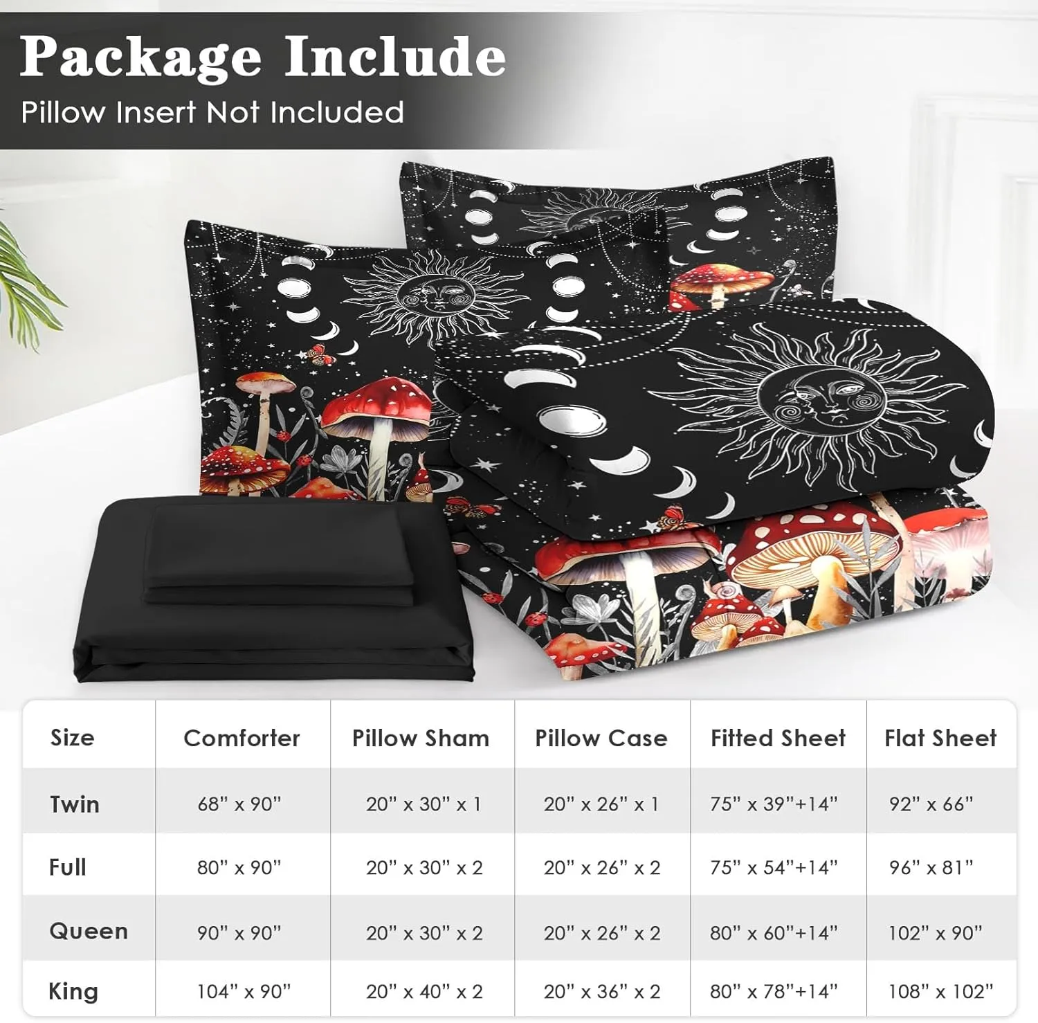 5 Pcs Twin Size Comforter Set with Pillowcase & Sham, Sun Moon Boho Mushroom Bedding for Kids and Adults, Astrology Tarot Witch Bed in a Bag with Flat Fitted Sheet