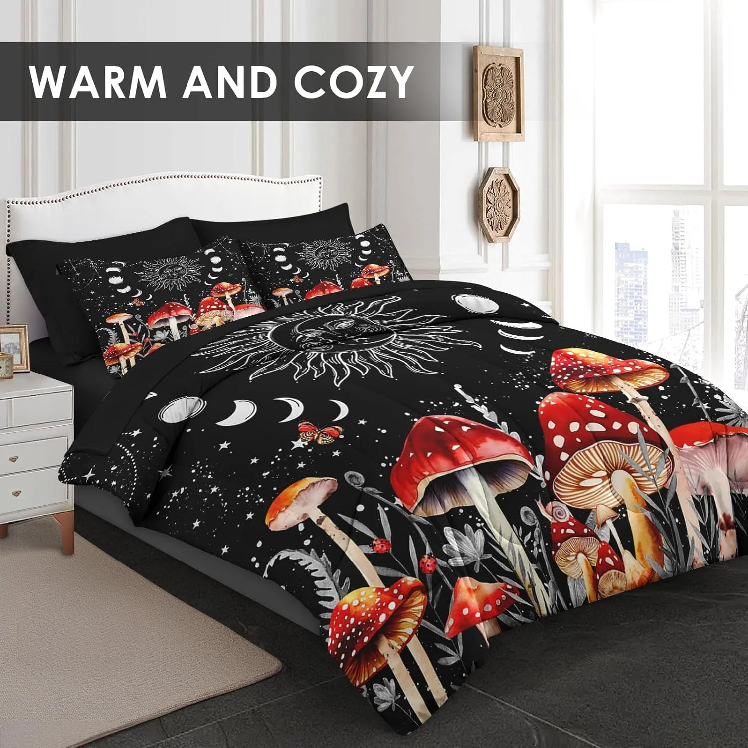 5 Pcs Twin Size Comforter Set with Pillowcase & Sham, Sun Moon Boho Mushroom Bedding for Kids and Adults, Astrology Tarot Witch Bed in a Bag with Flat Fitted Sheet
