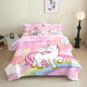 6 Pieces Unicorn Bed in a Bag for Girls Queen Size Rainbow Unicorn Comforter Set Kids Unicorn Bedding Set with Sheet for All Season,Pink