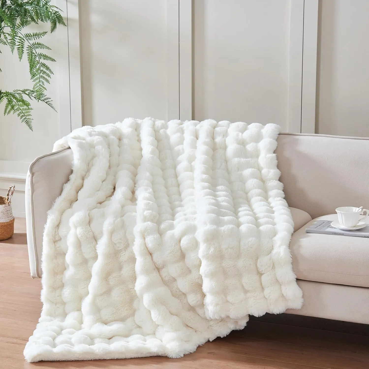 60x80 Inches Ultra-Soft Fuzzy Faux Fur Plush Twin Size Blanket - Thick, Warm Sherpa for Couch, Sofa, Bedroom, Camping - Decorative Blanket for Cozy Warmth, Bubble Ivory White