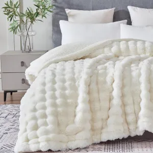 60x80 Inches Ultra-Soft Fuzzy Faux Fur Plush Twin Size Blanket - Thick, Warm Sherpa for Couch, Sofa, Bedroom, Camping - Decorative Blanket for Cozy Warmth, Bubble Ivory White