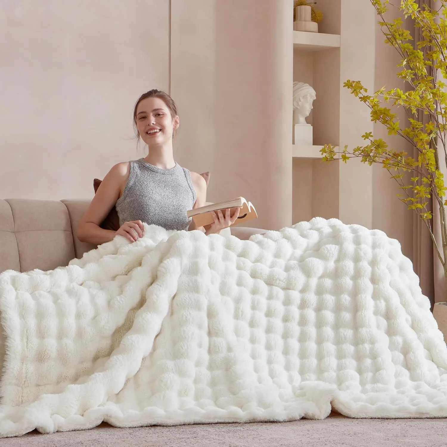 60x80 Inches Ultra-Soft Fuzzy Faux Fur Plush Twin Size Blanket - Thick, Warm Sherpa for Couch, Sofa, Bedroom, Camping - Decorative Blanket for Cozy Warmth, Bubble Ivory White