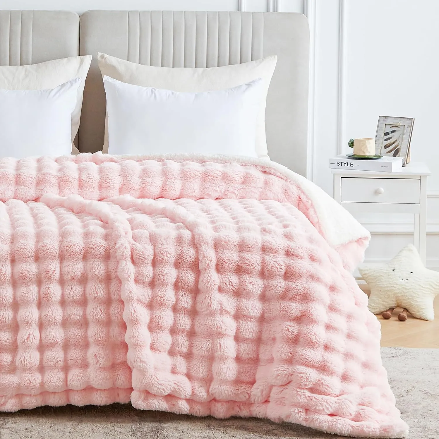 60x80 Inches Ultra-Soft Fuzzy Faux Fur Plush Twin Size Blanket - Thick, Warm Sherpa for Couch, Sofa, Bedroom, Camping - Decorative Blanket for Cozy Warmth, Bubble Pink