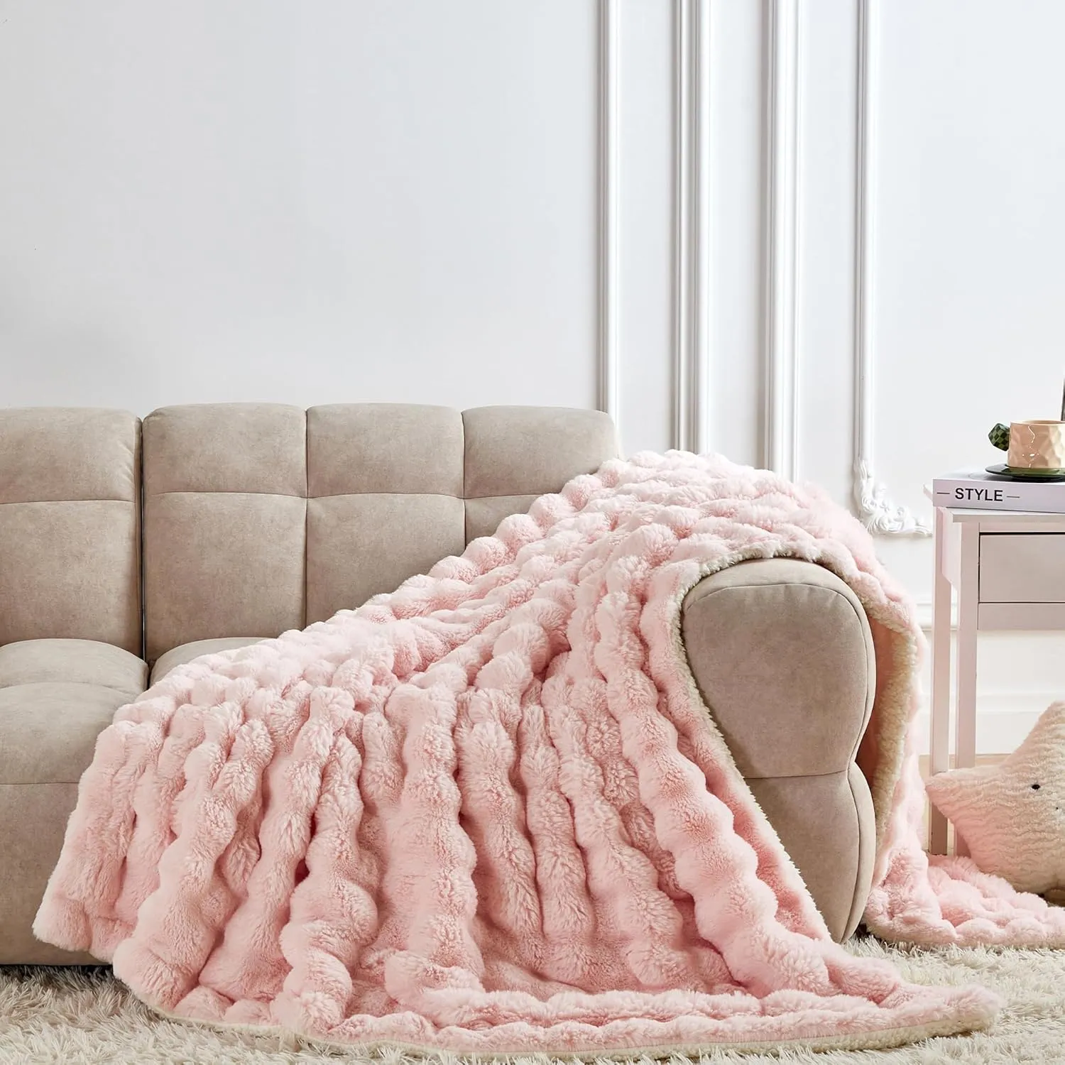 60x80 Inches Ultra-Soft Fuzzy Faux Fur Plush Twin Size Blanket - Thick, Warm Sherpa for Couch, Sofa, Bedroom, Camping - Decorative Blanket for Cozy Warmth, Bubble Pink