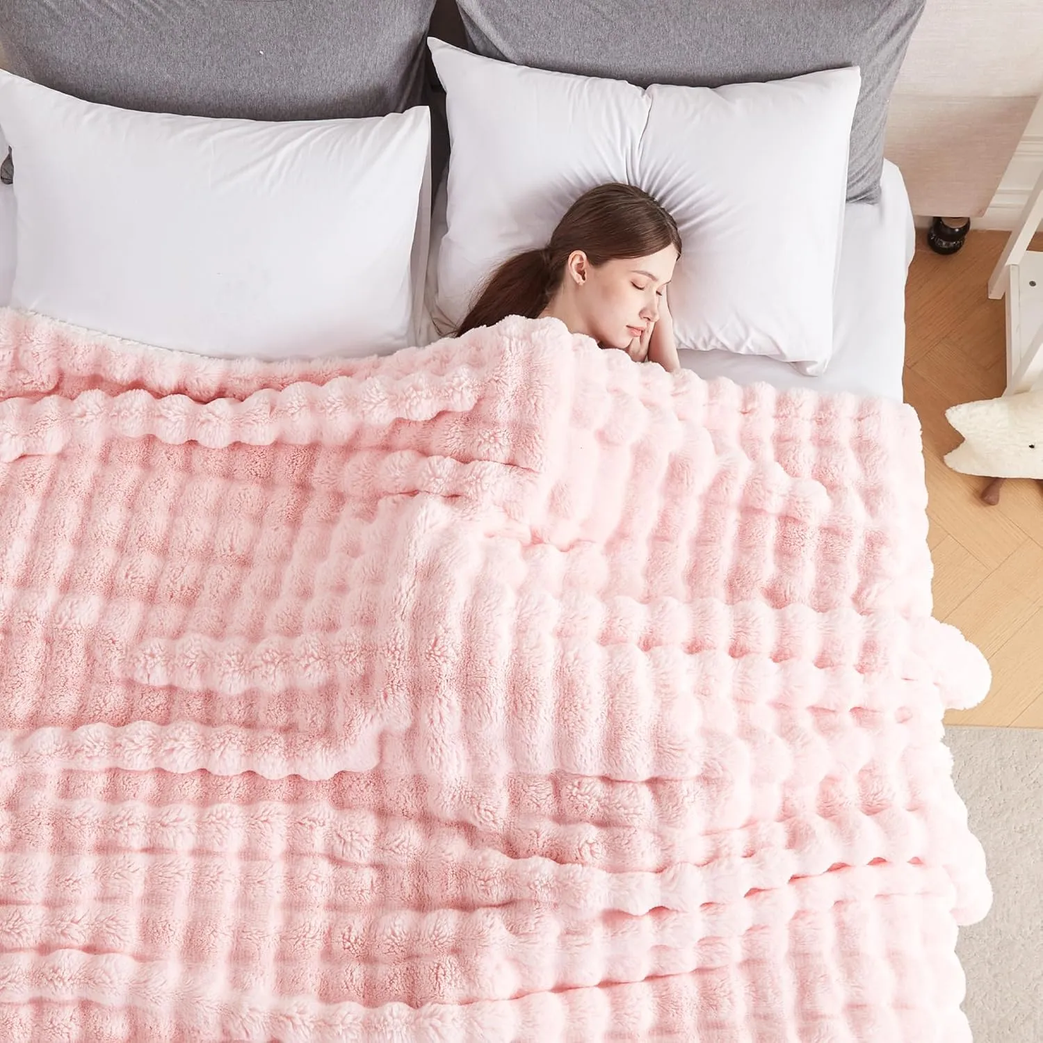 60x80 Inches Ultra-Soft Fuzzy Faux Fur Plush Twin Size Blanket - Thick, Warm Sherpa for Couch, Sofa, Bedroom, Camping - Decorative Blanket for Cozy Warmth, Bubble Pink