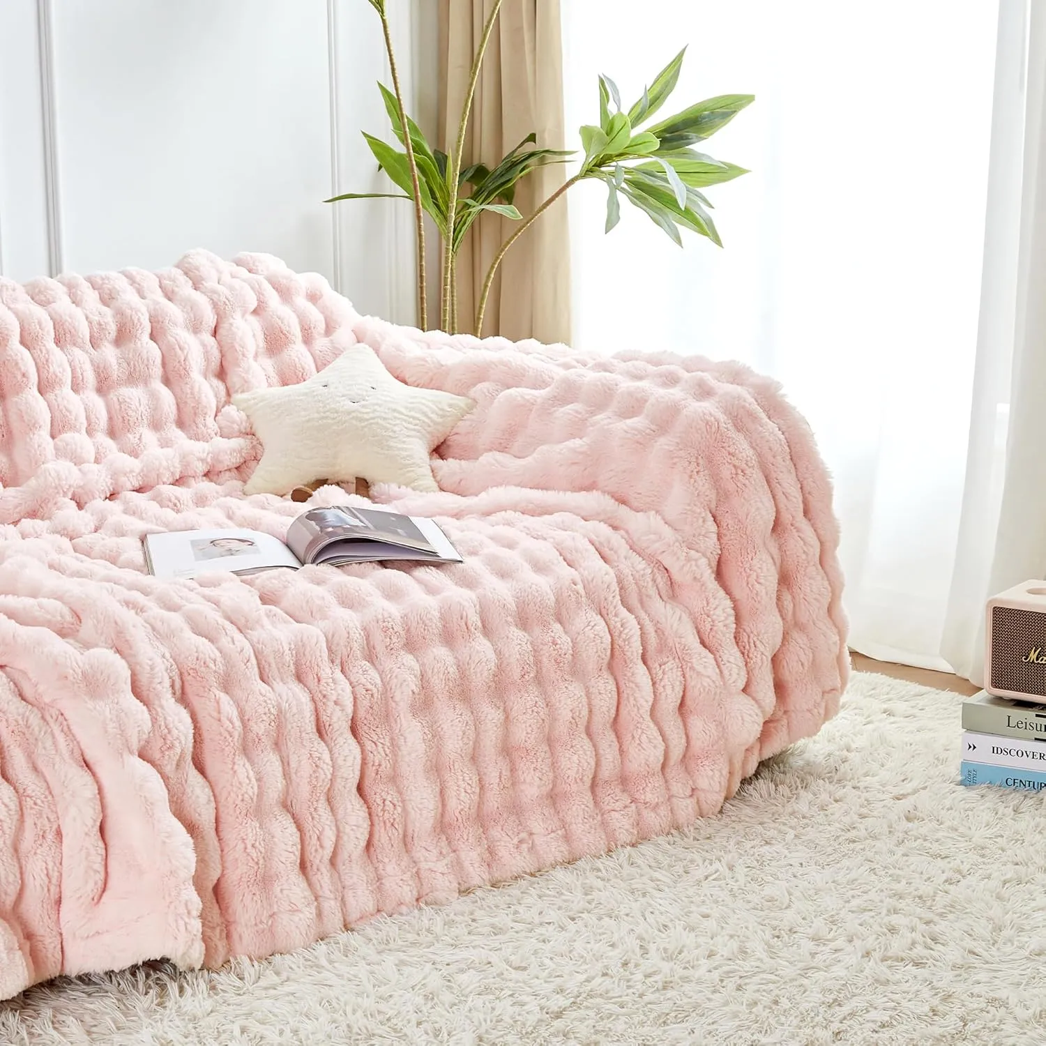 60x80 Inches Ultra-Soft Fuzzy Faux Fur Plush Twin Size Blanket - Thick, Warm Sherpa for Couch, Sofa, Bedroom, Camping - Decorative Blanket for Cozy Warmth, Bubble Pink
