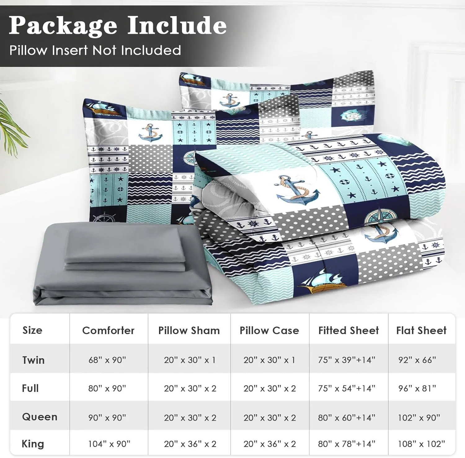 7 Pcs Queen Size Comforter Set with 2 Pillowcases & 2 Shams, Nautical Blue Marine Summer Bedding for Kids and Adults, Sea Ocean Boat Plaid Bed in a Bag with Flat Fitted Sheet