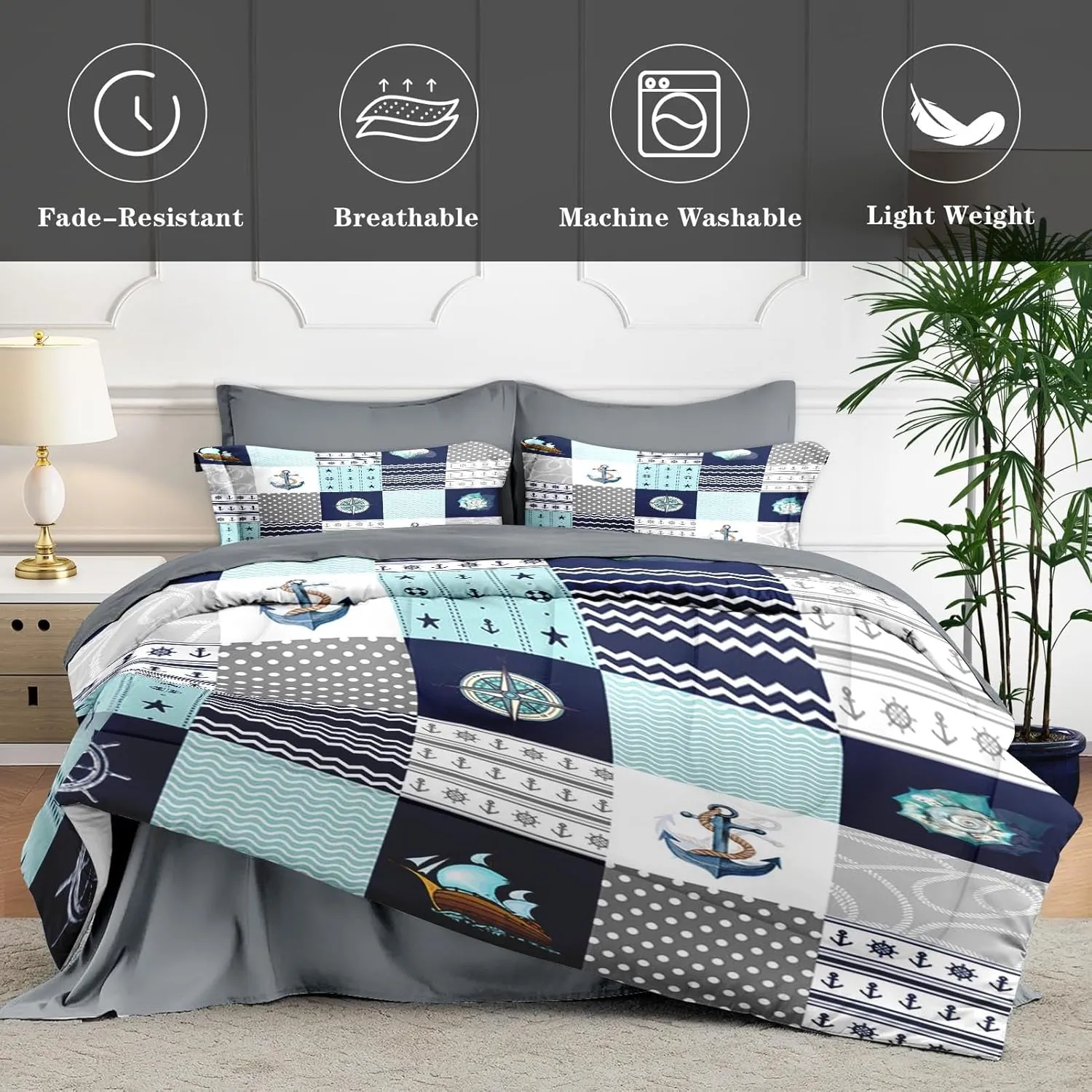 7 Pcs Queen Size Comforter Set with 2 Pillowcases & 2 Shams, Nautical Blue Marine Summer Bedding for Kids and Adults, Sea Ocean Boat Plaid Bed in a Bag with Flat Fitted Sheet