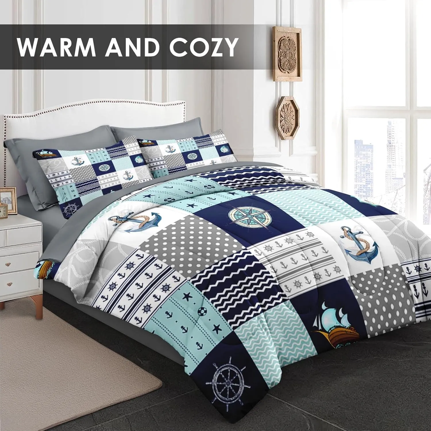 7 Pcs Queen Size Comforter Set with 2 Pillowcases & 2 Shams, Nautical Blue Marine Summer Bedding for Kids and Adults, Sea Ocean Boat Plaid Bed in a Bag with Flat Fitted Sheet