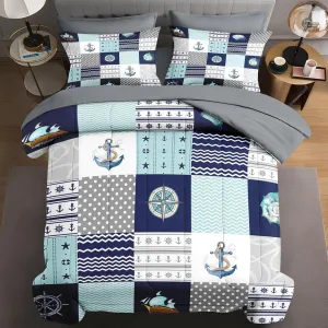 7 Pcs Queen Size Comforter Set with 2 Pillowcases & 2 Shams, Nautical Blue Marine Summer Bedding for Kids and Adults, Sea Ocean Boat Plaid Bed in a Bag with Flat Fitted Sheet