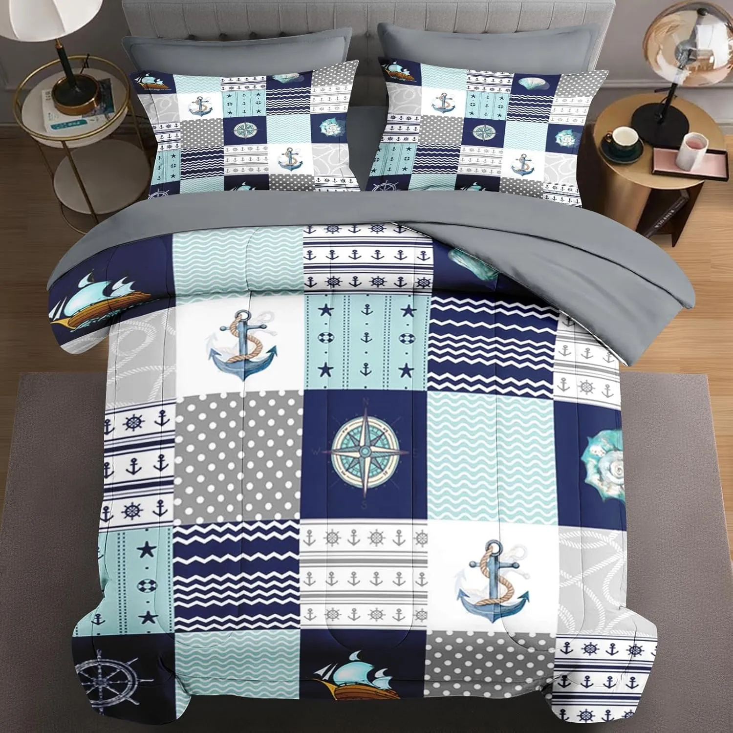 7 Pcs Queen Size Comforter Set with 2 Pillowcases & 2 Shams, Nautical Blue Marine Summer Bedding for Kids and Adults, Sea Ocean Boat Plaid Bed in a Bag with Flat Fitted Sheet