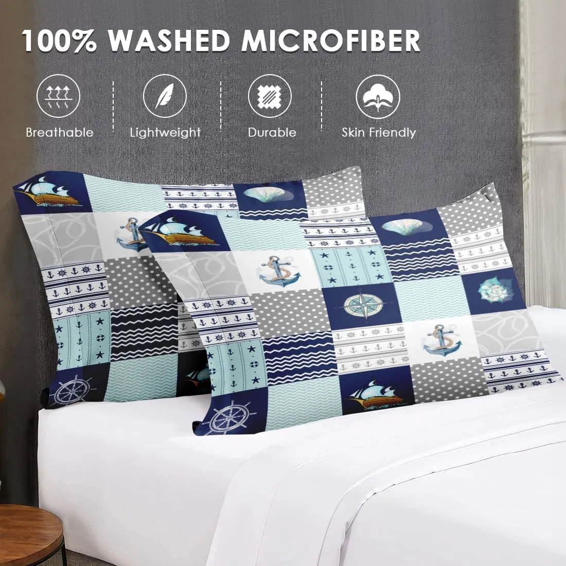 7 Pcs Queen Size Comforter Set with 2 Pillowcases & 2 Shams, Nautical Blue Marine Summer Bedding for Kids and Adults, Sea Ocean Boat Plaid Bed in a Bag with Flat Fitted Sheet