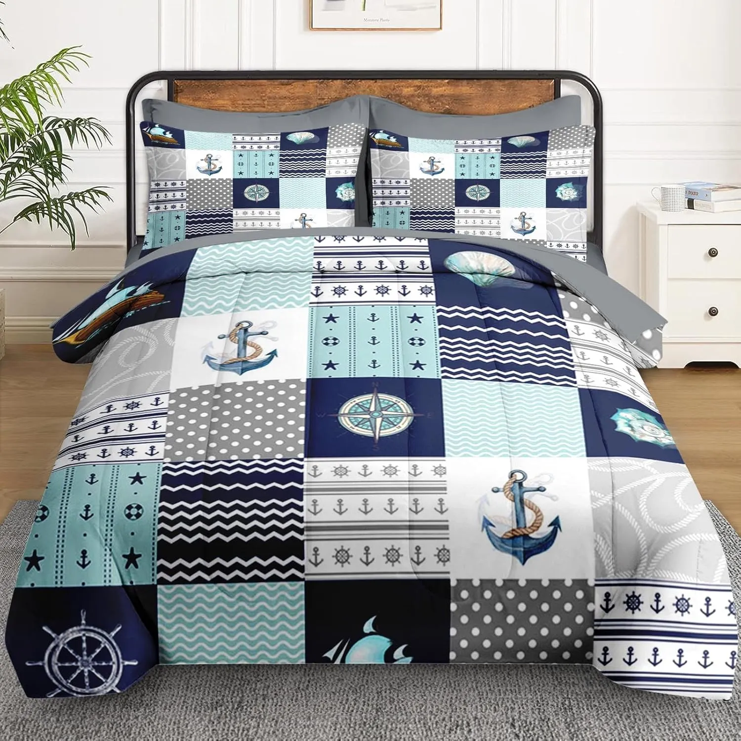 7 Pcs Queen Size Comforter Set with 2 Pillowcases & 2 Shams, Nautical Blue Marine Summer Bedding for Kids and Adults, Sea Ocean Boat Plaid Bed in a Bag with Flat Fitted Sheet