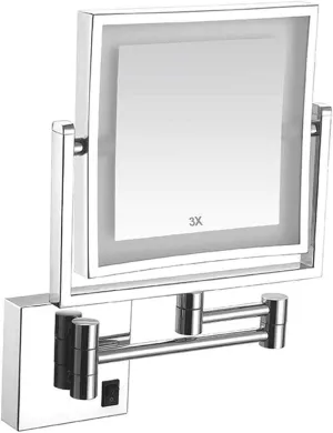 8 Inch LED Lighted Wall Mount Makeup Mirror with 3X Magnification, Lighted Vanity Bathroom Square Mirror with 360 Degree Swivel Rotation Chrome Finish,plugging (Size : Hardwire)