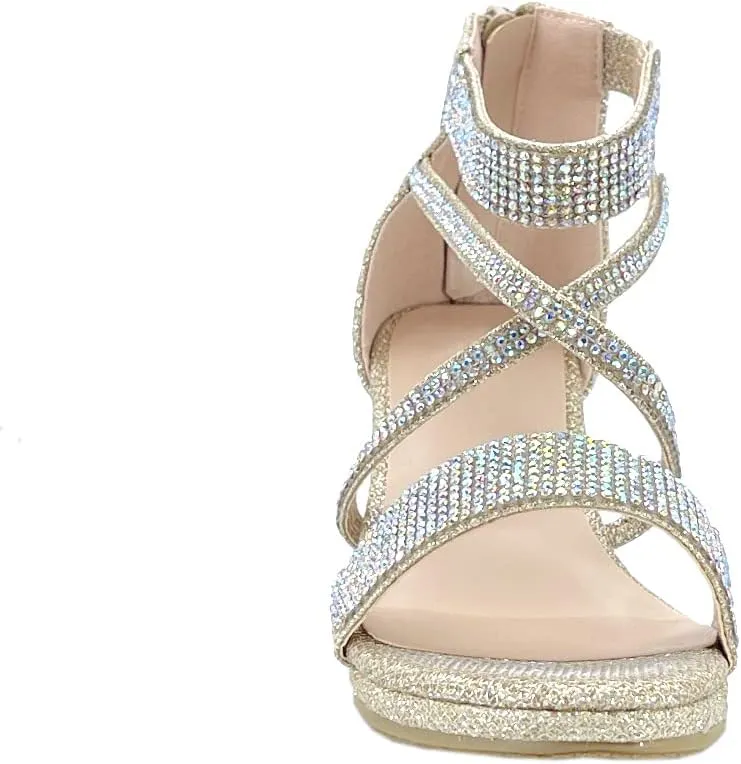 ABSOLEX Girl's Toddler/Little Kid/Big Kid Cross Strappy Open Toe Rhinestone Dressy Low Heel Dress Up Pump Sandal