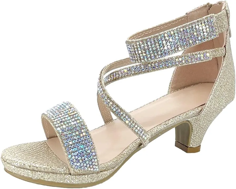 ABSOLEX Girl's Toddler/Little Kid/Big Kid Cross Strappy Open Toe Rhinestone Dressy Low Heel Dress Up Pump Sandal