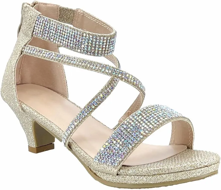 ABSOLEX Girl's Toddler/Little Kid/Big Kid Cross Strappy Open Toe Rhinestone Dressy Low Heel Dress Up Pump Sandal