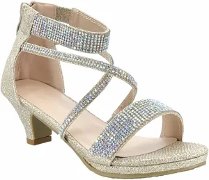 ABSOLEX Girl's Toddler/Little Kid/Big Kid Cross Strappy Open Toe Rhinestone Dressy Low Heel Dress Up Pump Sandal