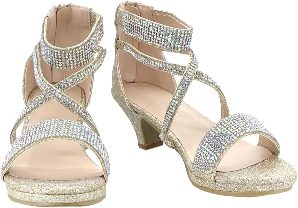 ABSOLEX Girl's Toddler/Little Kid/Big Kid Cross Strappy Open Toe Rhinestone Dressy Low Heel Dress Up Pump Sandal