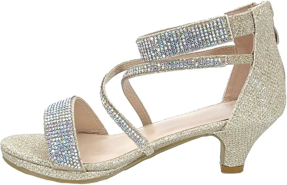 ABSOLEX Girl's Toddler/Little Kid/Big Kid Cross Strappy Open Toe Rhinestone Dressy Low Heel Dress Up Pump Sandal