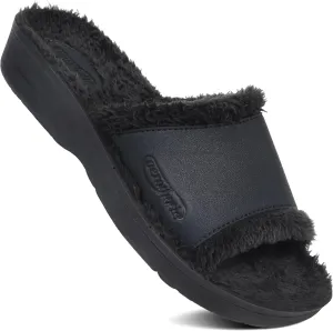 AEROTHOTIC Soft Fuzzy Slippers Outdoor and Indoor with Non-Slip Sole Stylish Straps Comfortable Womens Slippers Open Toe Home Travel Vacation Wear (Aspen Black, Size 8)