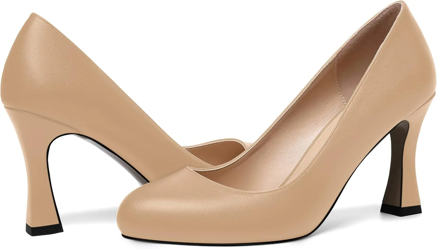 AMBELIGHT Womens Matte Solid Slip On Casual Evening Fashion Round Toe Chunky High Heel Pumps Shoes 3.3 Inch