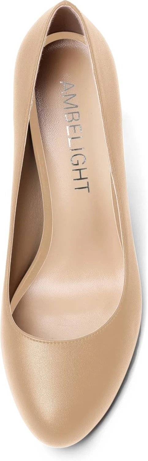 AMBELIGHT Womens Matte Solid Slip On Casual Evening Fashion Round Toe Chunky High Heel Pumps Shoes 3.3 Inch