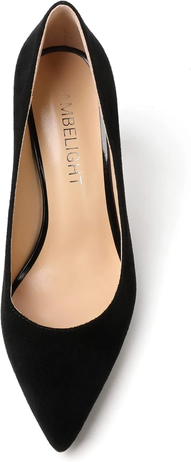 AMBELIGHT Womens Slip On Dress Pointed Toe Suede Wedding Stiletto High Heel Pumps Shoes 3.3 Inch
