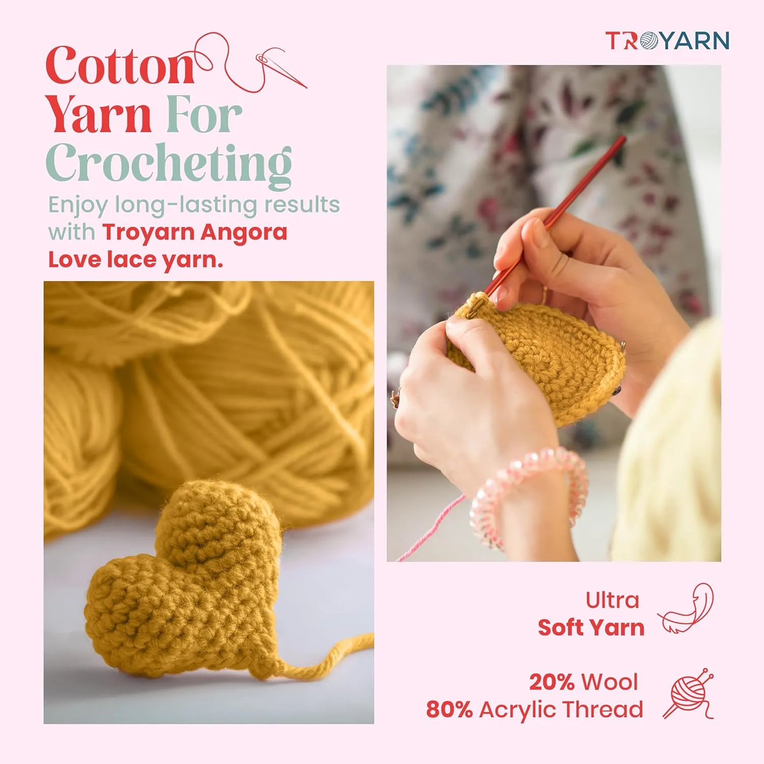 Angora Love (2-Skeins Pack Angora Yarn) 20% Wool 80% Acrylic Thread - Wool Yarn for Crocheting - Lace Weight Yarn #1 Fingering and Socks Yarn (2 x 3.52 oz) / (2 x 601 Yds) (10802 - Saffron)