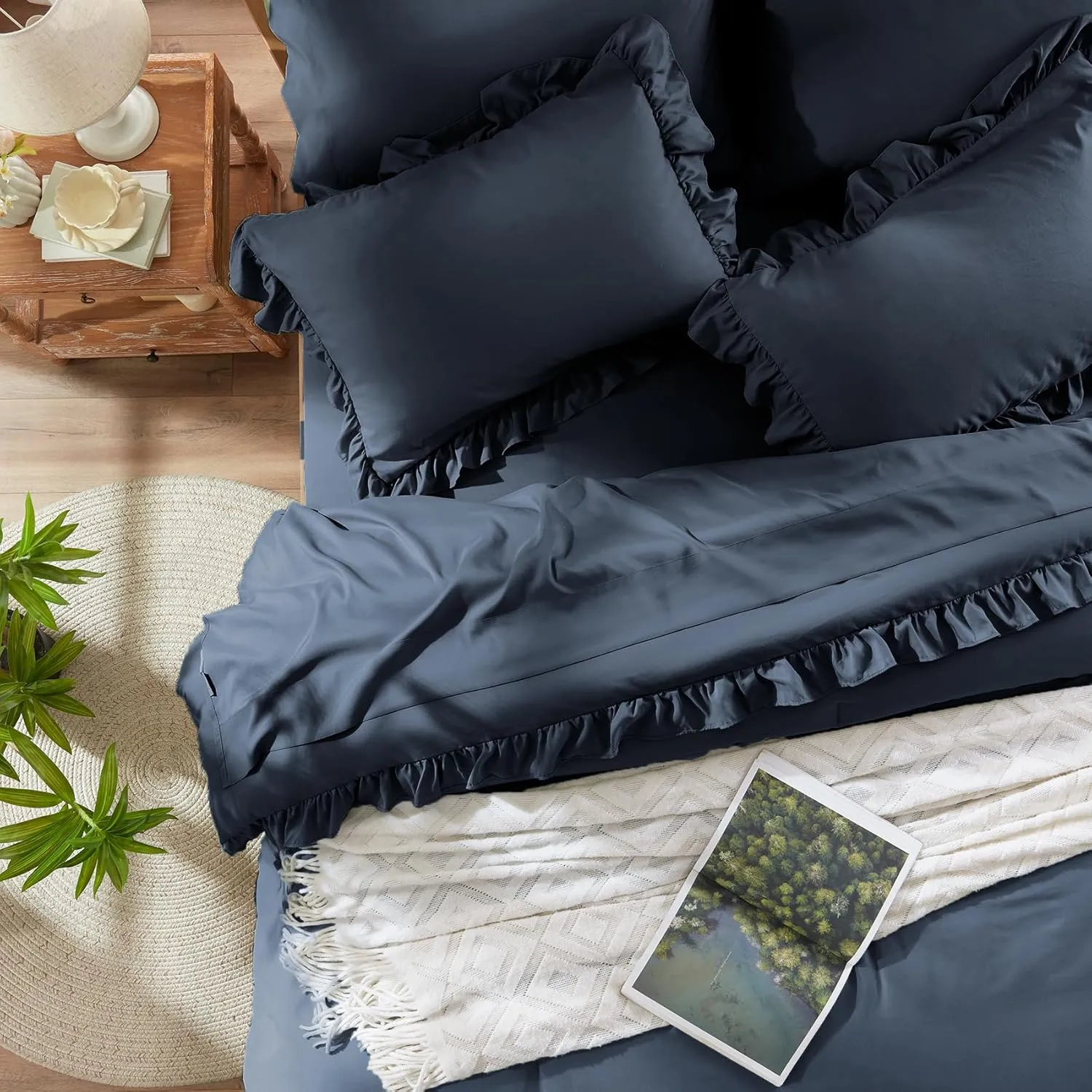 Anluoer Queen Comforter Set 7 Piece, Navy Blue Bed in a Bag with Sheets, All Season Ruffle Shabby Chic Bedding Sets with Comforter, Pillow Shams, Pillowcases, Flat Sheet, Fitted Sheet