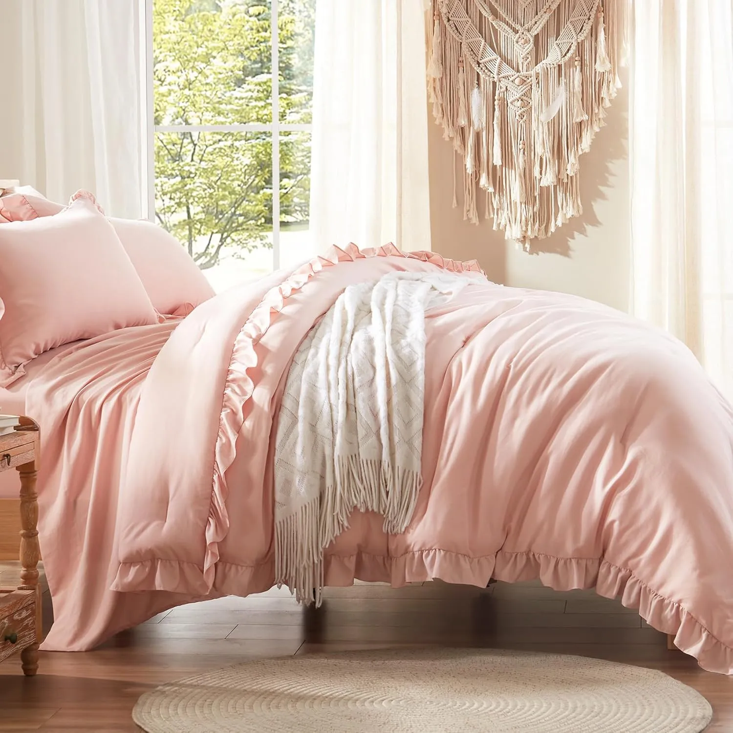Anluoer Queen Comforter Set 7 Piece, Pink Bed in a Bag with Sheets, All Season Ruffle Shabby Chic Bedding Sets with 1 Comforter, 2 Pillow Shams, 2 Pillowcases, 1 Flat Sheet, 1 Fitted Sheet