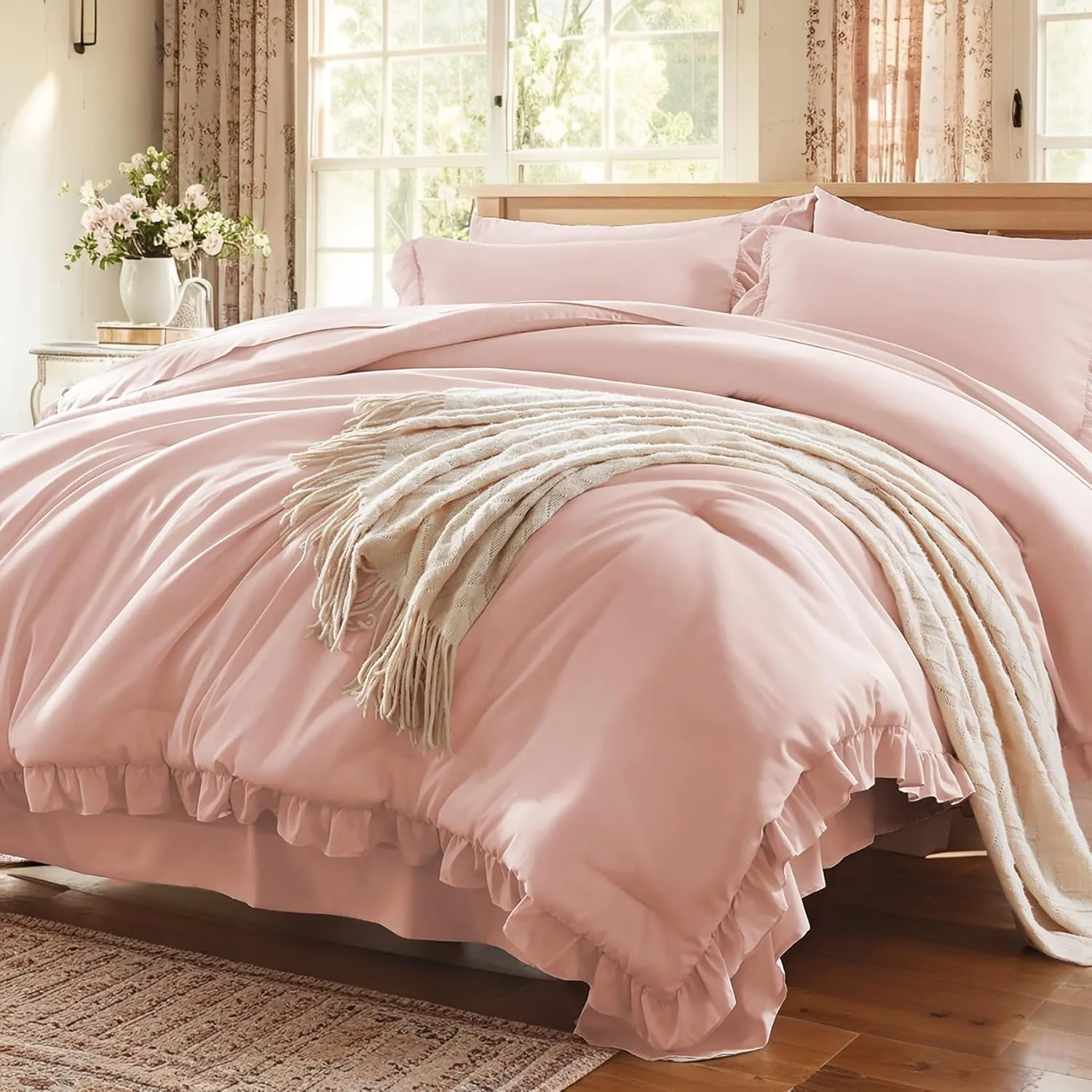 Anluoer Queen Comforter Set 7 Piece, Pink Bed in a Bag with Sheets, All Season Ruffle Shabby Chic Bedding Sets with 1 Comforter, 2 Pillow Shams, 2 Pillowcases, 1 Flat Sheet, 1 Fitted Sheet