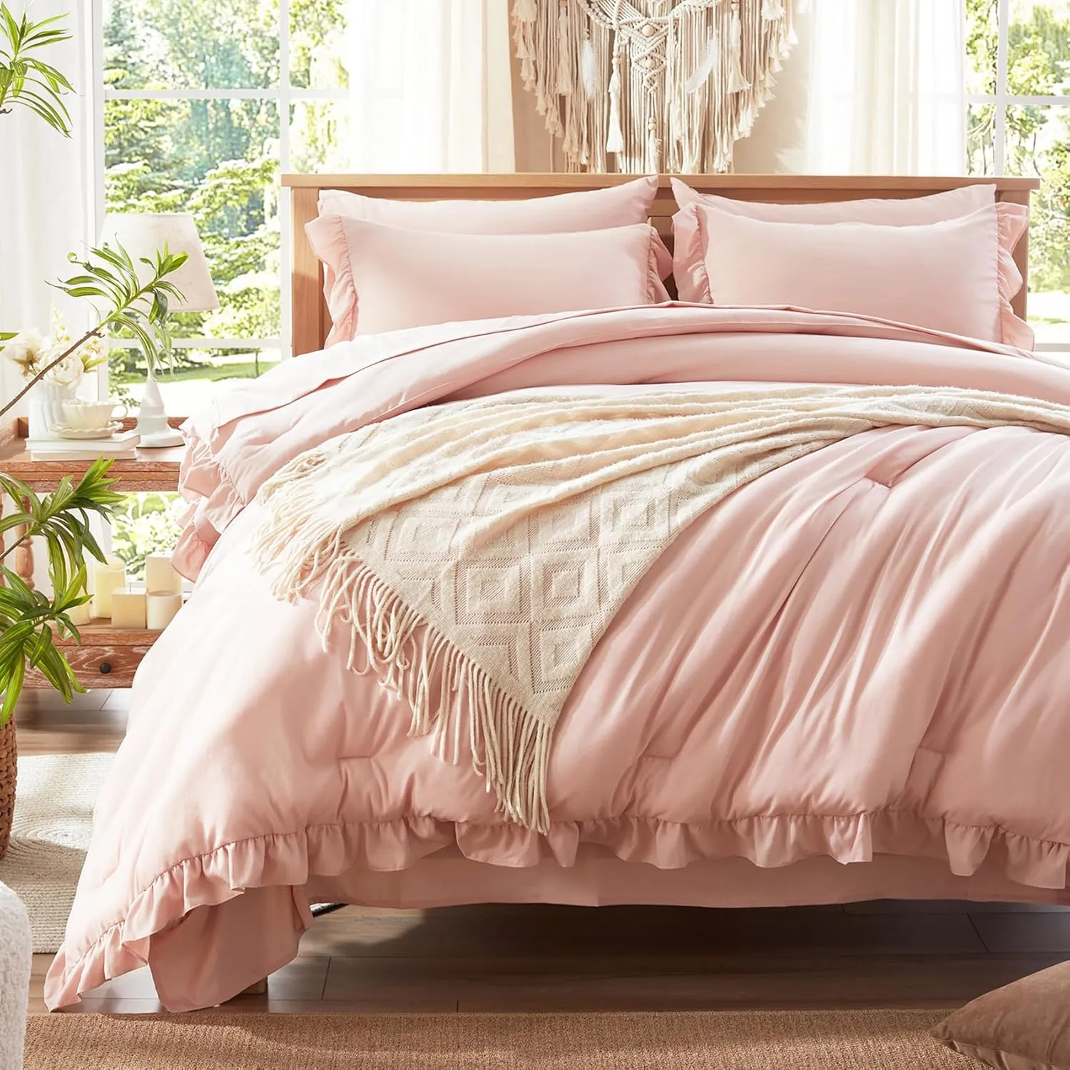 Anluoer Queen Comforter Set 7 Piece, Pink Bed in a Bag with Sheets, All Season Ruffle Shabby Chic Bedding Sets with 1 Comforter, 2 Pillow Shams, 2 Pillowcases, 1 Flat Sheet, 1 Fitted Sheet