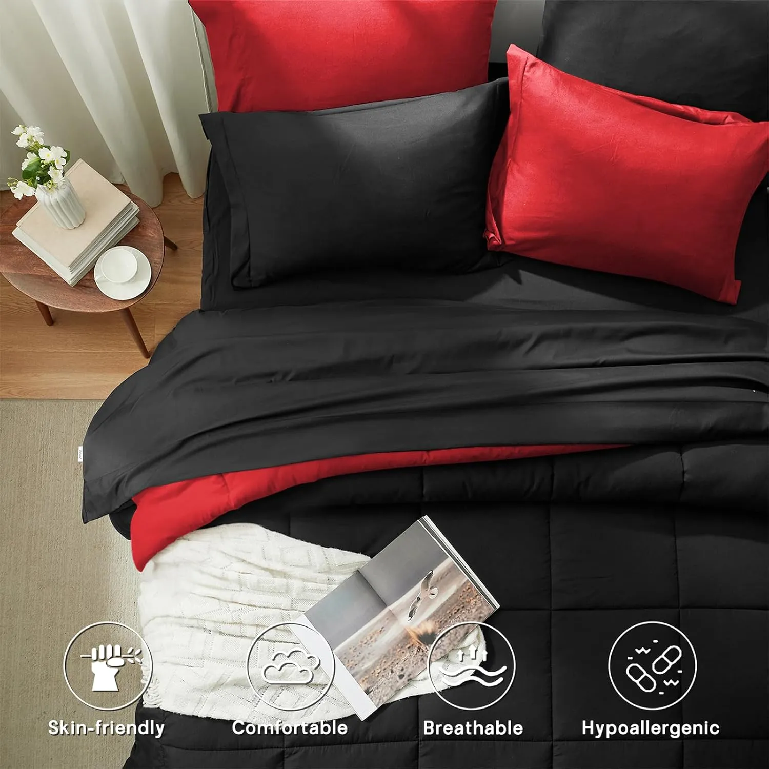Anluoer Queen Comforter Set 7 Piece, Reversible Bed in a Bag Queen Size, Lightweight Bedding Set with 1 Comforter, 2 Pillow Shams, 2 Pillowcases, 1 Flat Sheet, 1 Fitted Sheet, Red & Black
