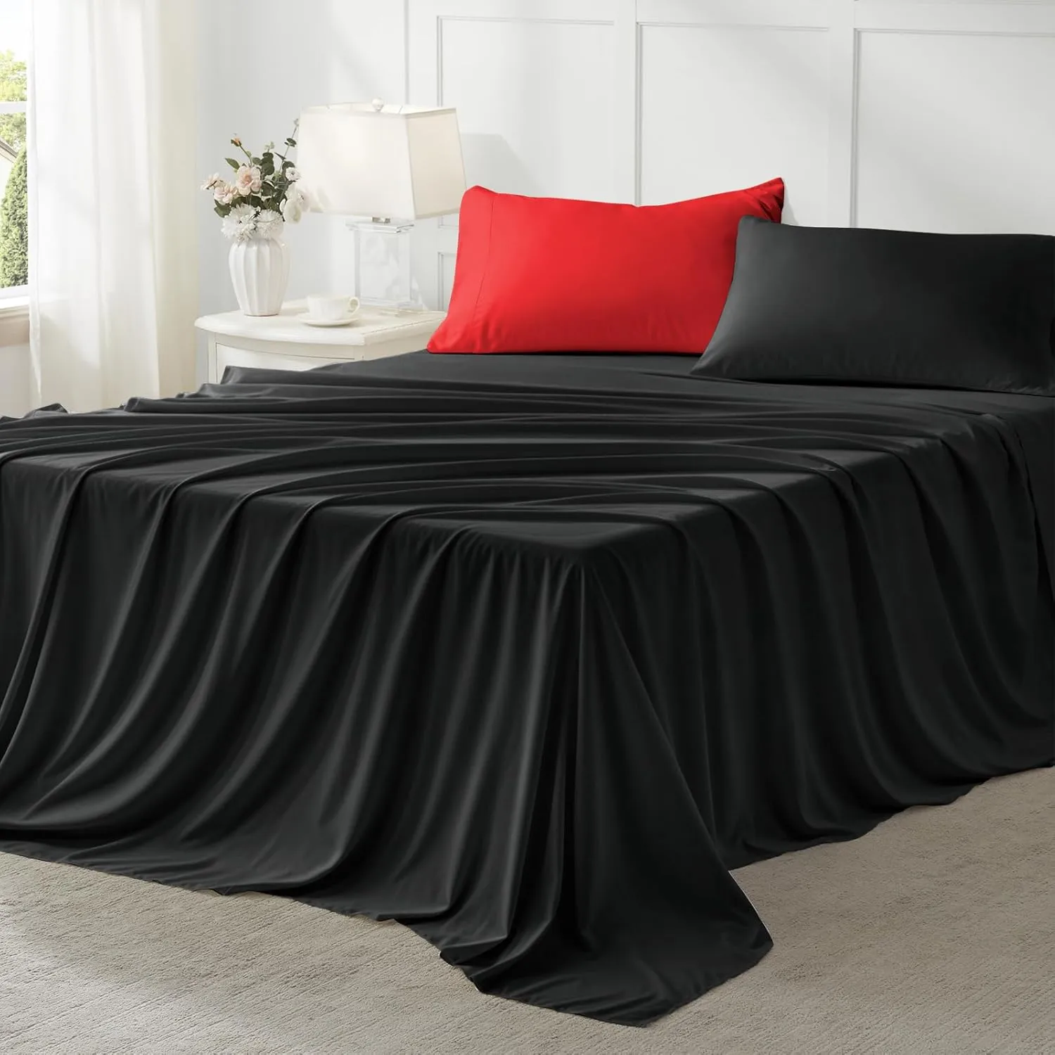 Anluoer Queen Comforter Set 7 Piece, Reversible Bed in a Bag Queen Size, Lightweight Bedding Set with 1 Comforter, 2 Pillow Shams, 2 Pillowcases, 1 Flat Sheet, 1 Fitted Sheet, Red & Black