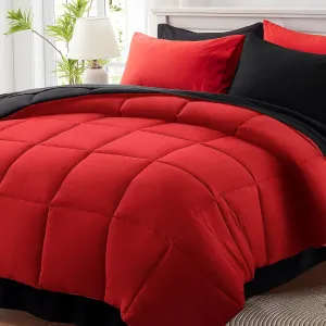 Anluoer Queen Comforter Set 7 Piece, Reversible Bed in a Bag Queen Size, Lightweight Bedding Set with 1 Comforter, 2 Pillow Shams, 2 Pillowcases, 1 Flat Sheet, 1 Fitted Sheet, Red & Black