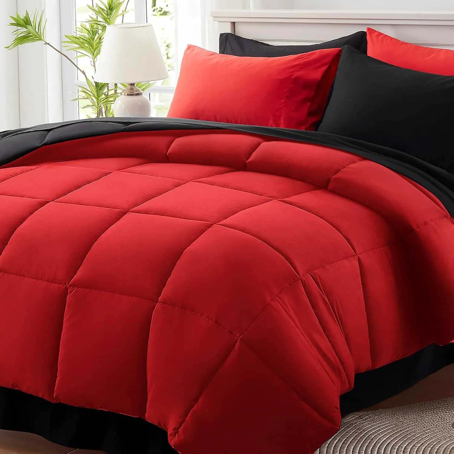Anluoer Queen Comforter Set 7 Piece, Reversible Bed in a Bag Queen Size, Lightweight Bedding Set with 1 Comforter, 2 Pillow Shams, 2 Pillowcases, 1 Flat Sheet, 1 Fitted Sheet, Red & Black