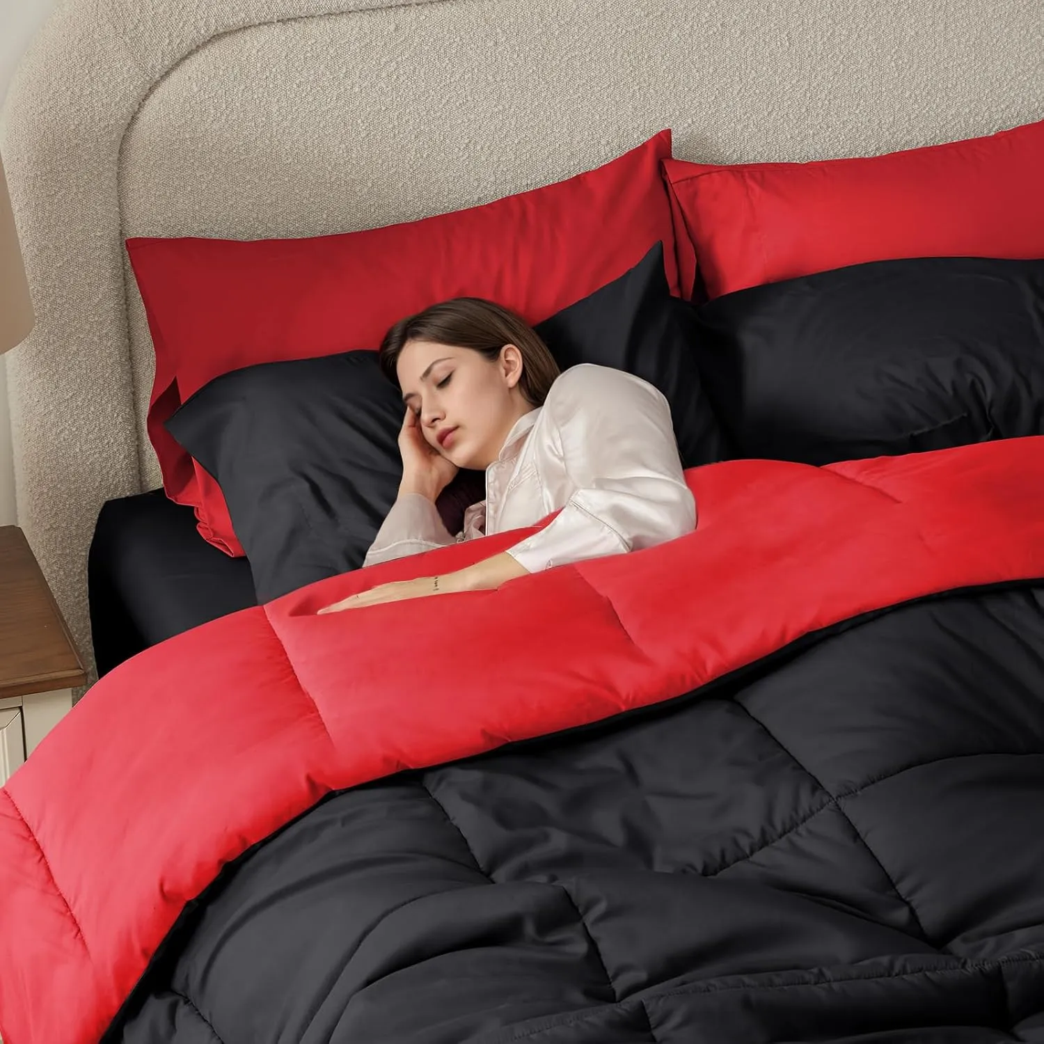Anluoer Queen Comforter Set 7 Piece, Reversible Bed in a Bag Queen Size, Lightweight Bedding Set with 1 Comforter, 2 Pillow Shams, 2 Pillowcases, 1 Flat Sheet, 1 Fitted Sheet, Red & Black